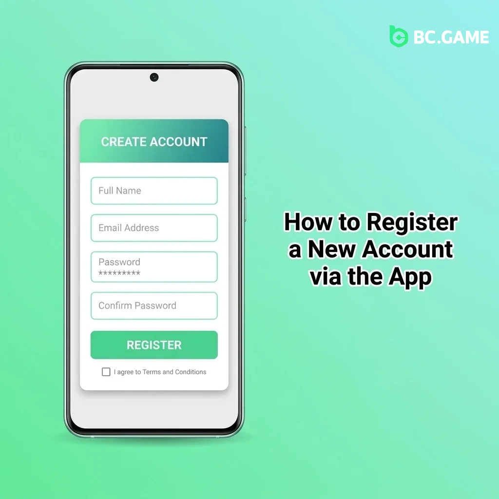 BC Game app registration steps showing sign-up form with options for phone, email, or social media account creation