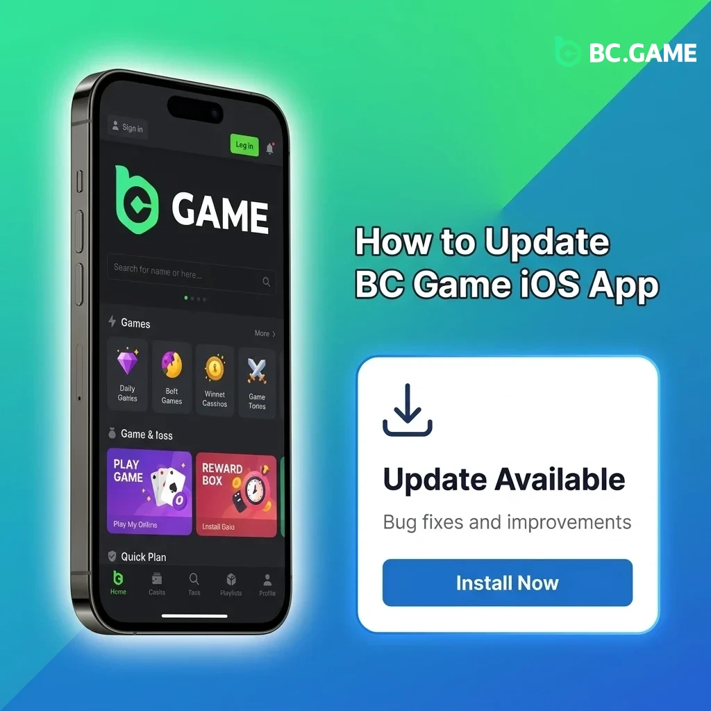Steps to update BC Game iOS app including checking for updates, tapping update button, and re-adding to Home Screen